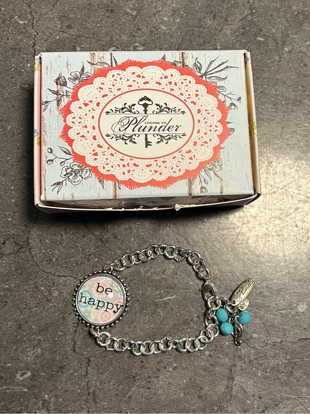 Plunder Silver Charm Bracelet with Turquoise Beads and 'Be Happy' Charm